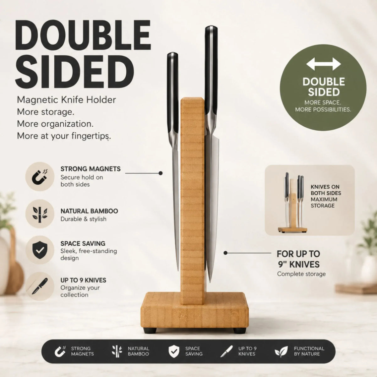 CARLA HOME Double-Sided Bamboo Magnetic Knife Block