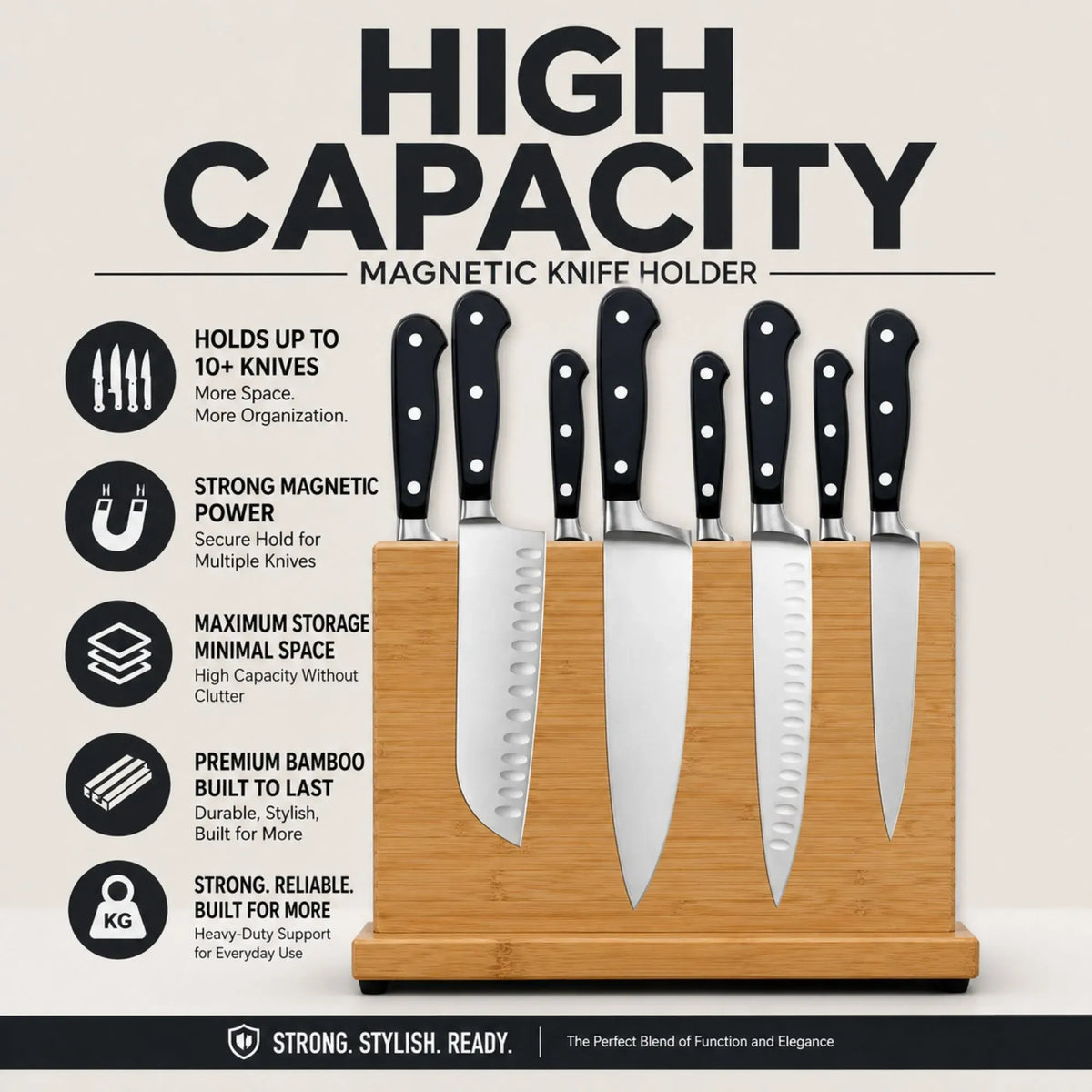 CARLA HOME Double-Sided Bamboo Magnetic Knife Block