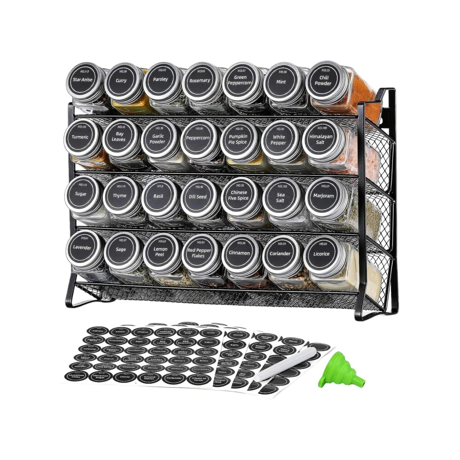 Kitchee 4-Tier Metal Spice Rack with 28 Glass Jars – Kitchen Herb & Spice Organiser