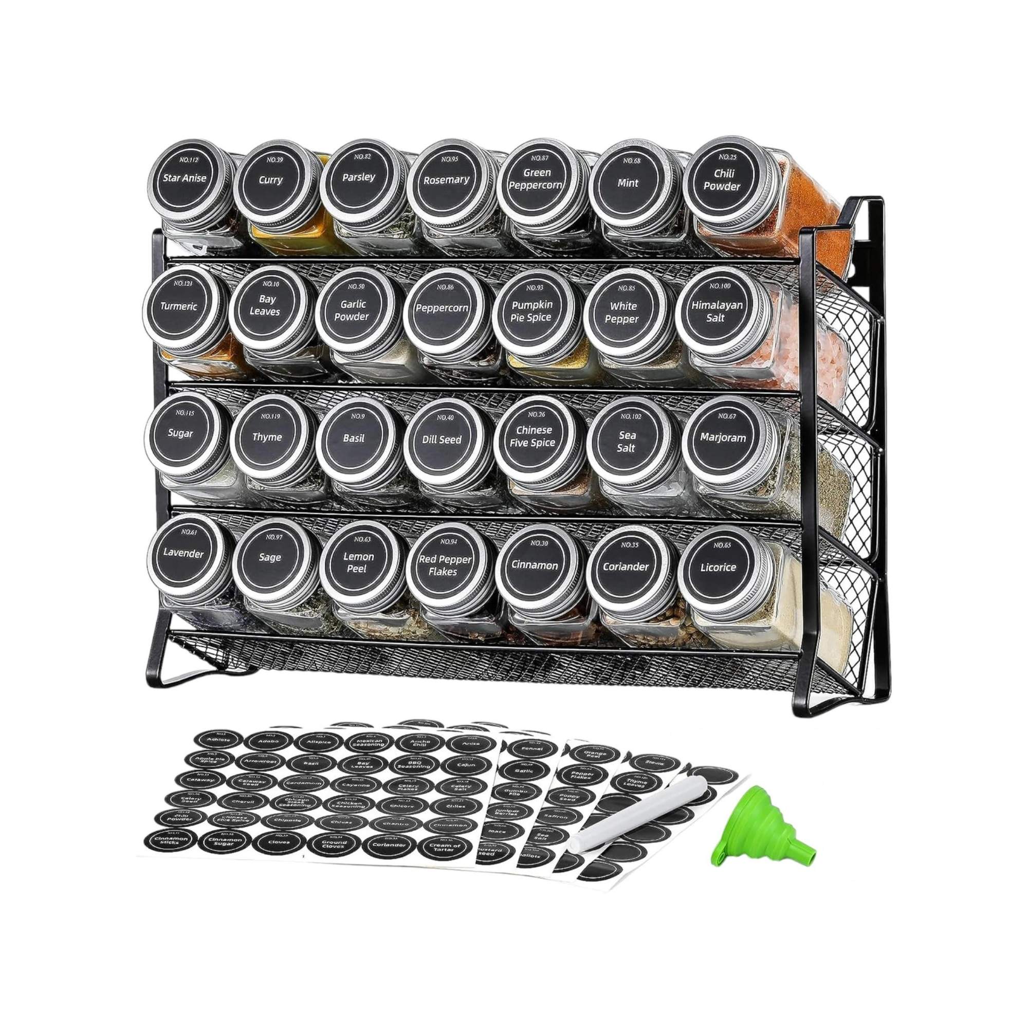 Kitchee 4-Tier Metal Spice Rack with 28 Glass Jars – Kitchen Herb & Spice Organiser