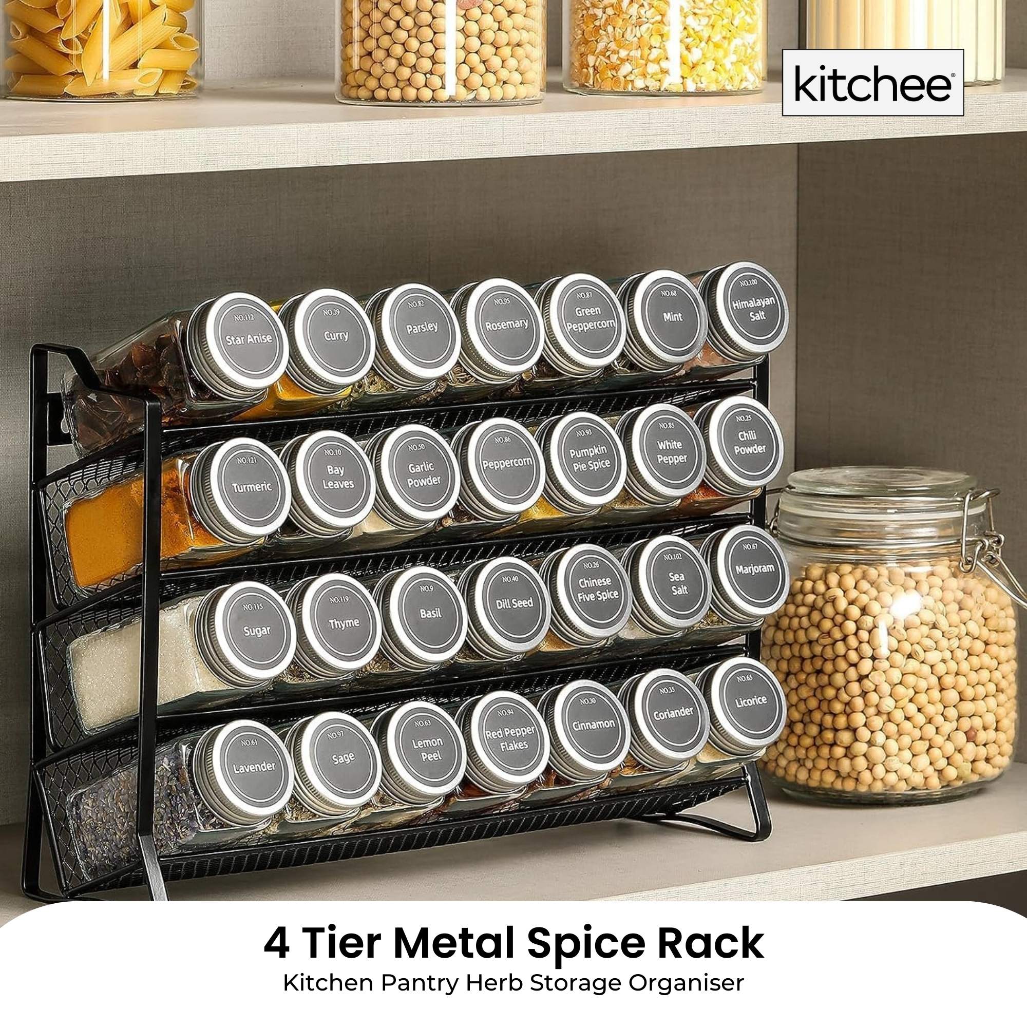 Kitchee 4-Tier Metal Spice Rack with 28 Glass Jars – Kitchen Herb & Spice Organiser