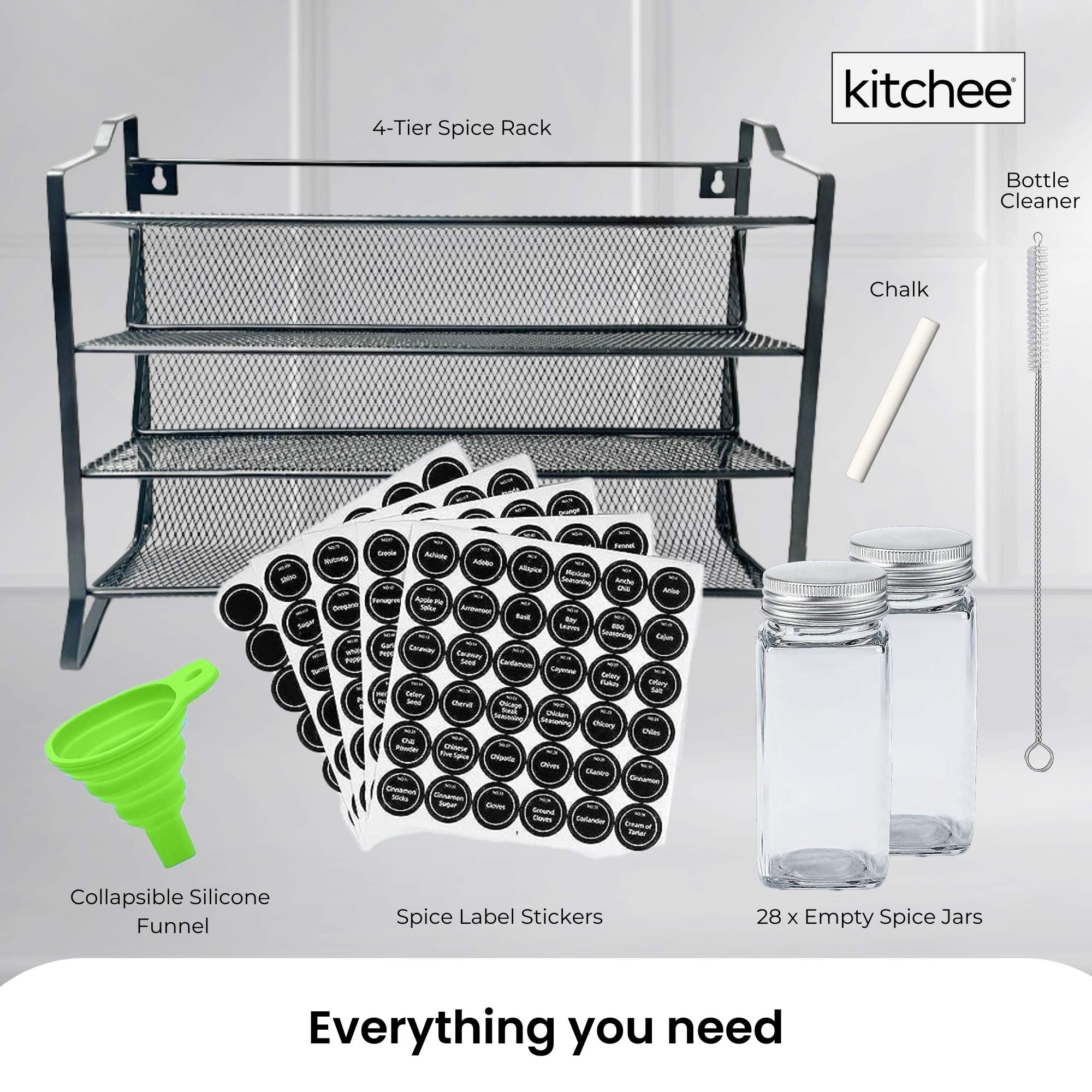 Kitchee 4-Tier Metal Spice Rack with 28 Glass Jars – Kitchen Herb & Spice Organiser