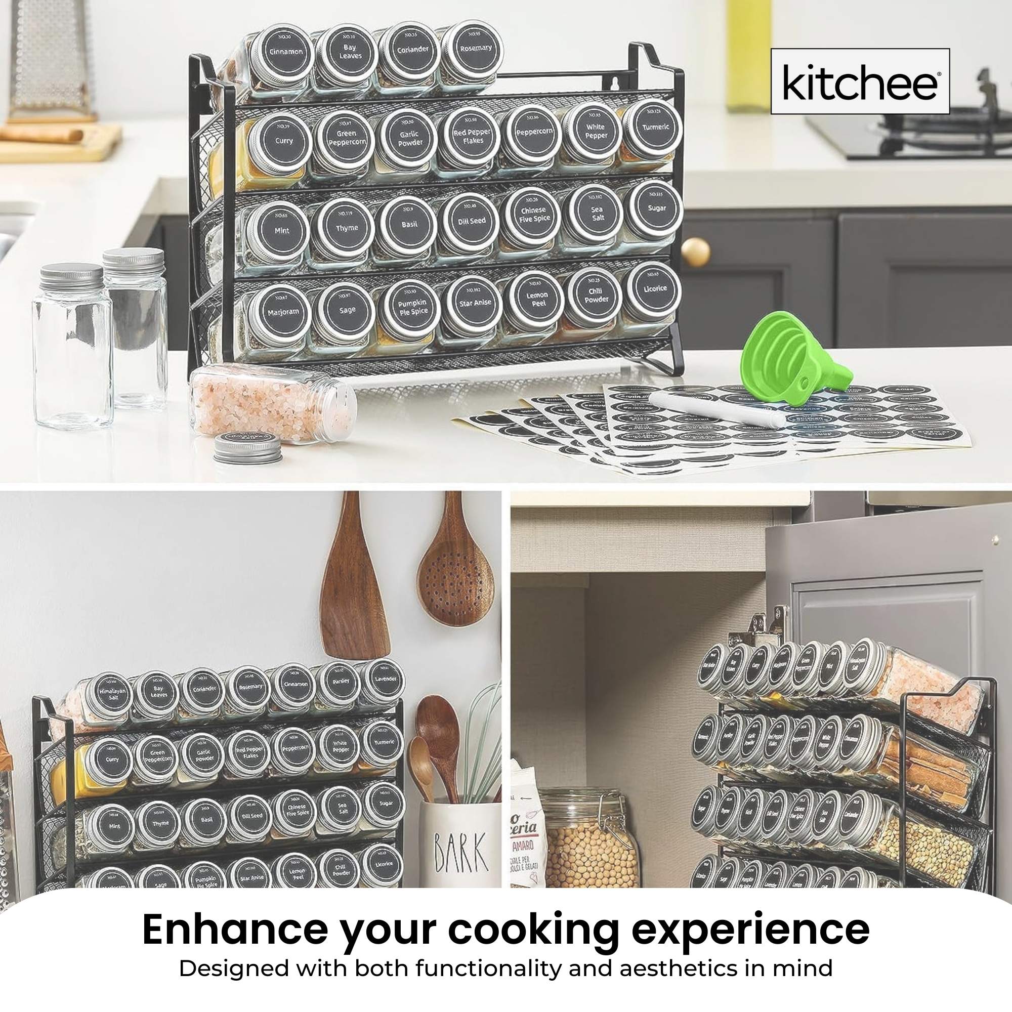 Kitchee 4-Tier Metal Spice Rack with 28 Glass Jars – Kitchen Herb & Spice Organiser