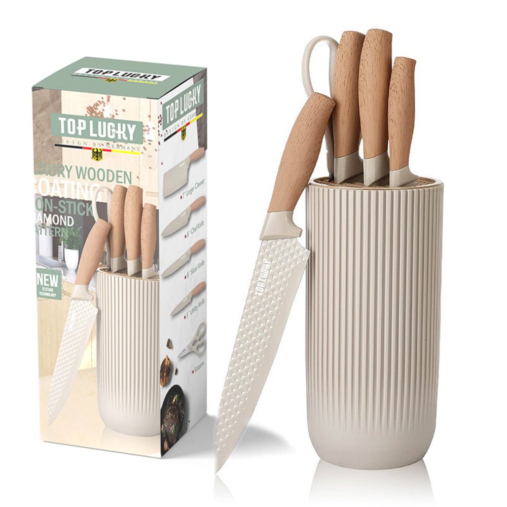 Beige 6-Piece Non-Stick Kitchen Knife Set with Block