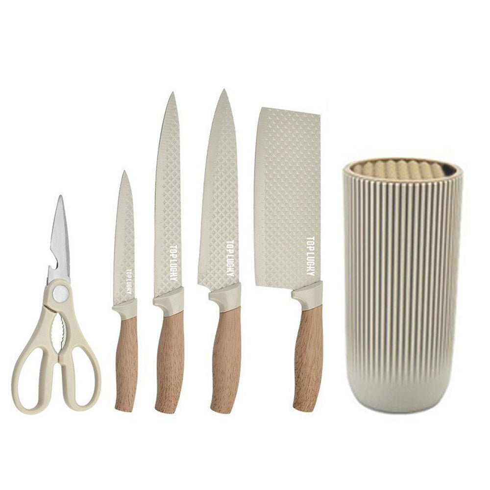 Beige 6-Piece Non-Stick Kitchen Knife Set with Block