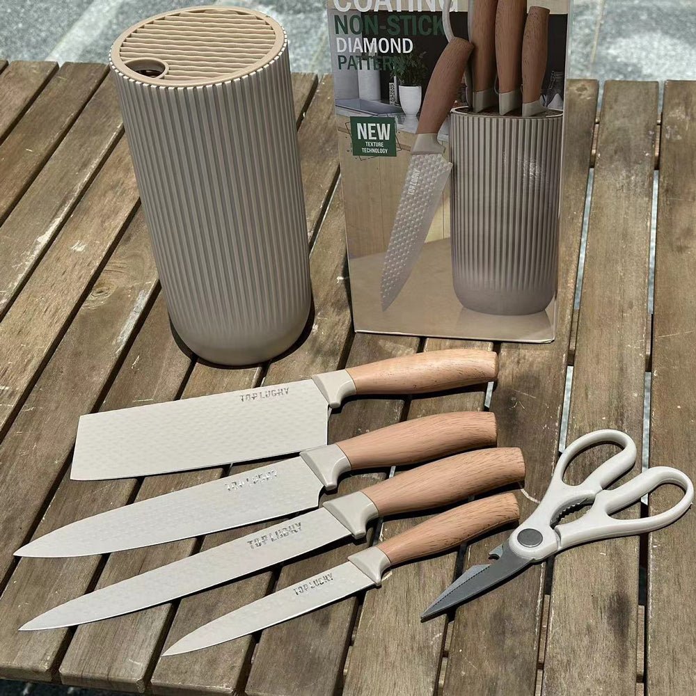 Beige 6-Piece Non-Stick Kitchen Knife Set with Block