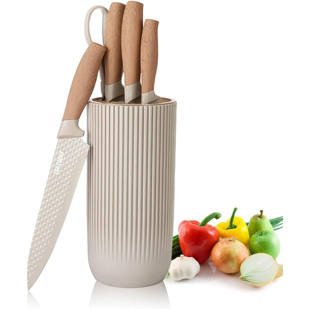 Beige 6-Piece Non-Stick Kitchen Knife Set with Block