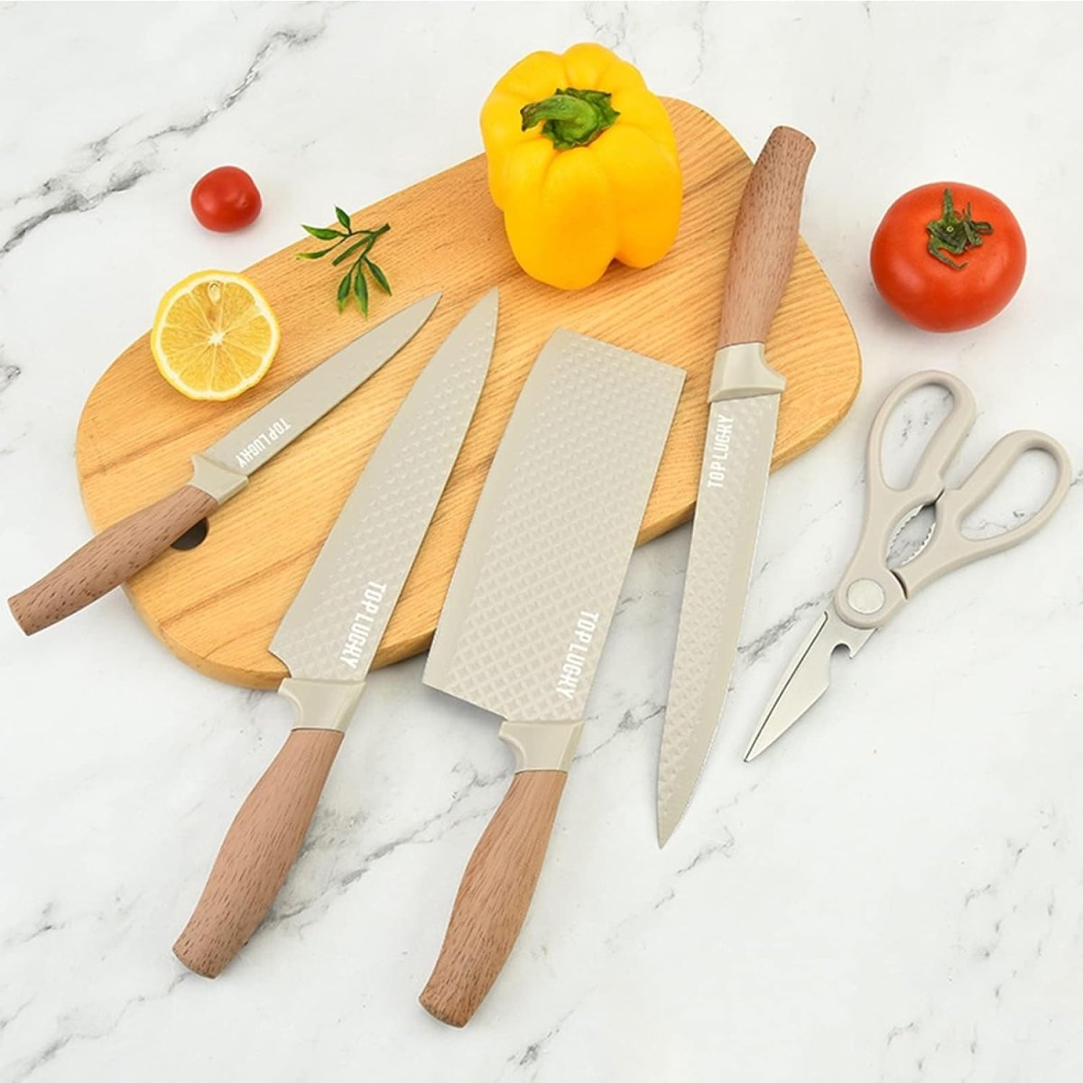 Beige 6-Piece Non-Stick Kitchen Knife Set with Block