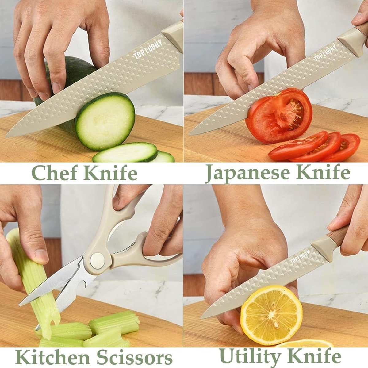 Beige 6-Piece Non-Stick Kitchen Knife Set with Block