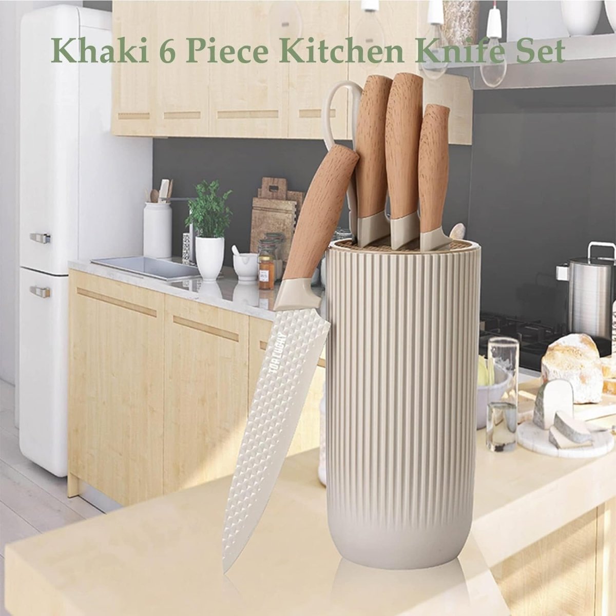Beige 6-Piece Non-Stick Kitchen Knife Set with Block