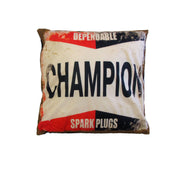 Retro Mancave Cushion – Champion Spark Plugs | 40 × 40 cm