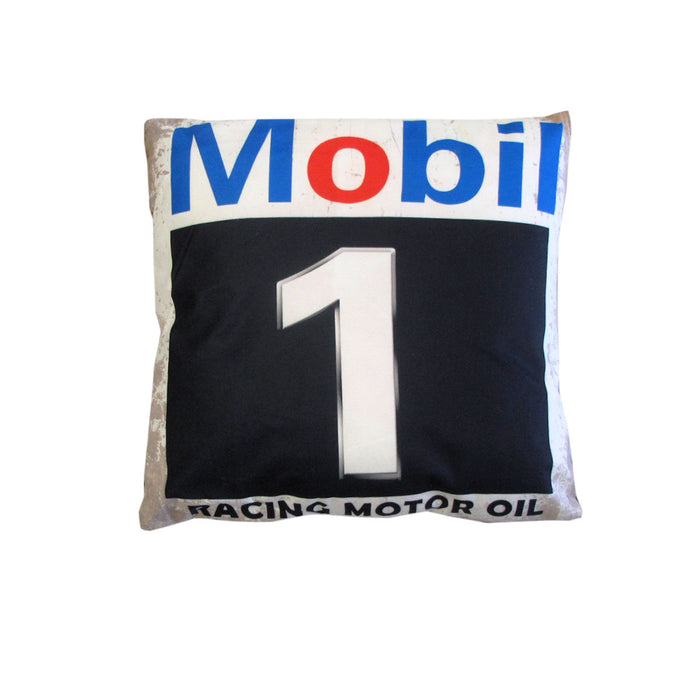 Retro Mancave Cushion – Mobil Racing Motor Oil | 40 × 40 cm