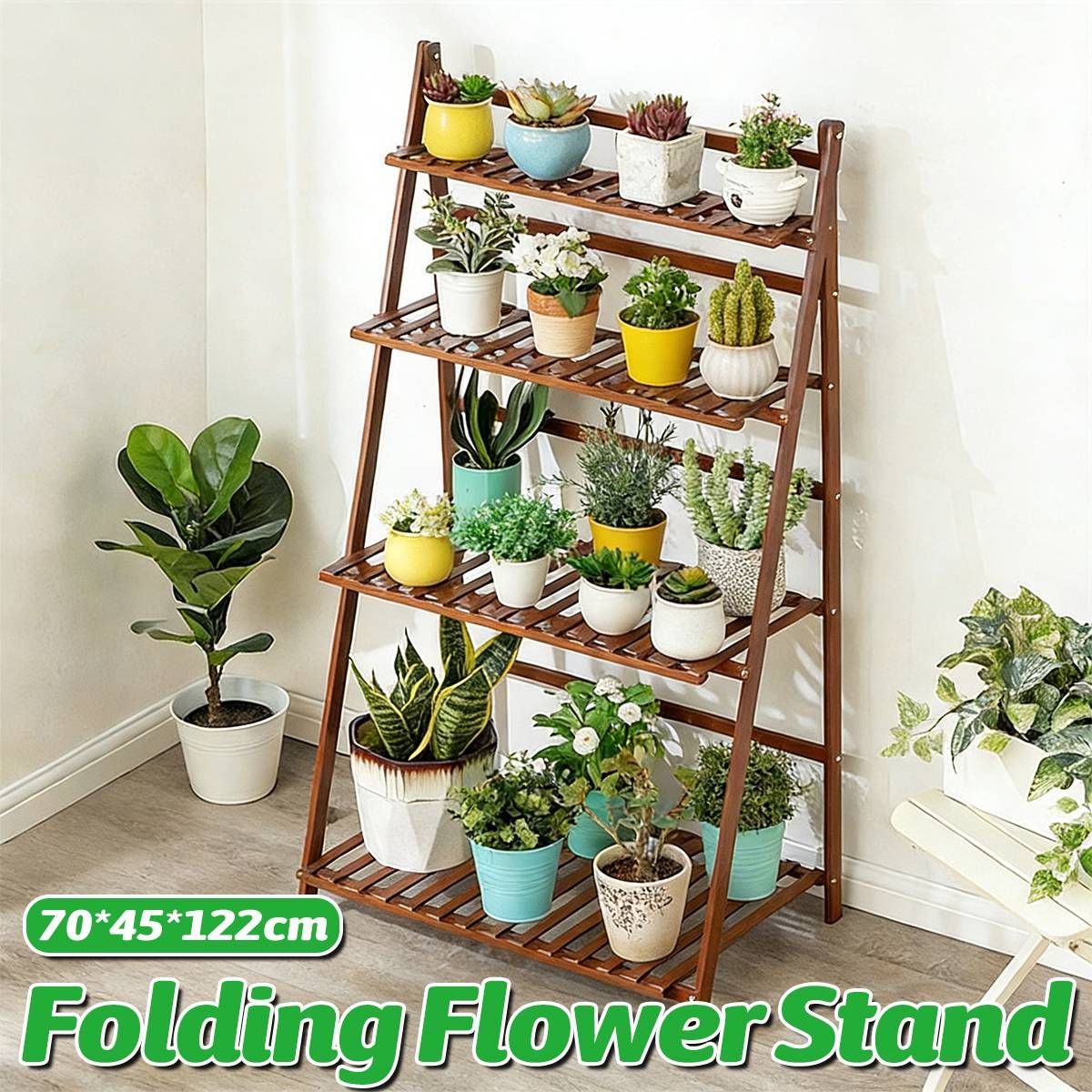 4-Tier Folding Plant Stand – Bamboo Corner Shelf for Indoor & Balcony