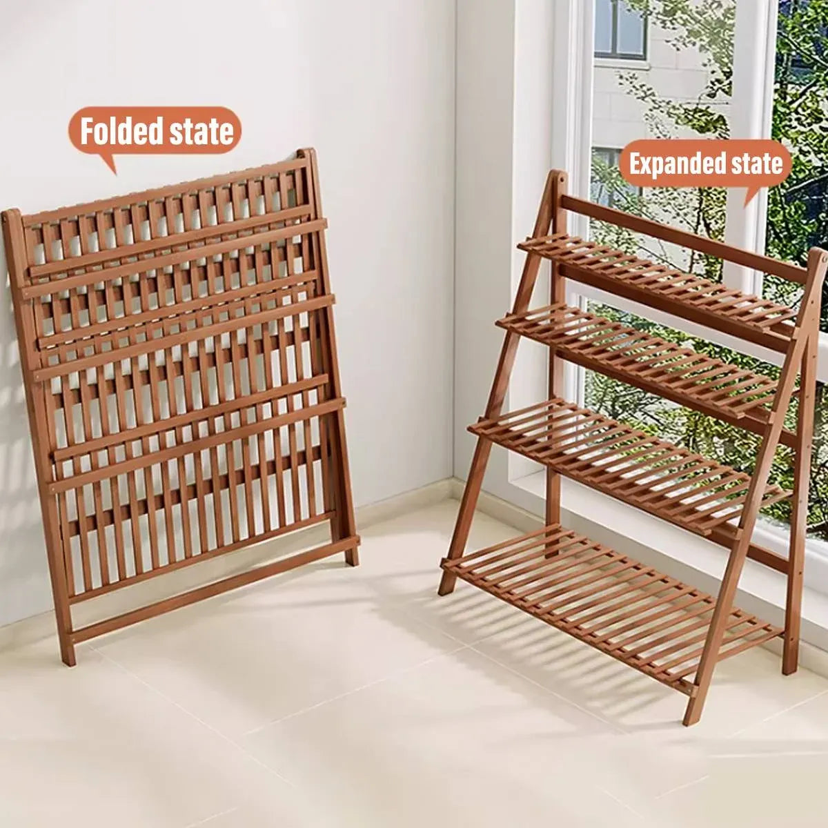 4-Tier Folding Plant Stand – Bamboo Corner Shelf for Indoor & Balcony