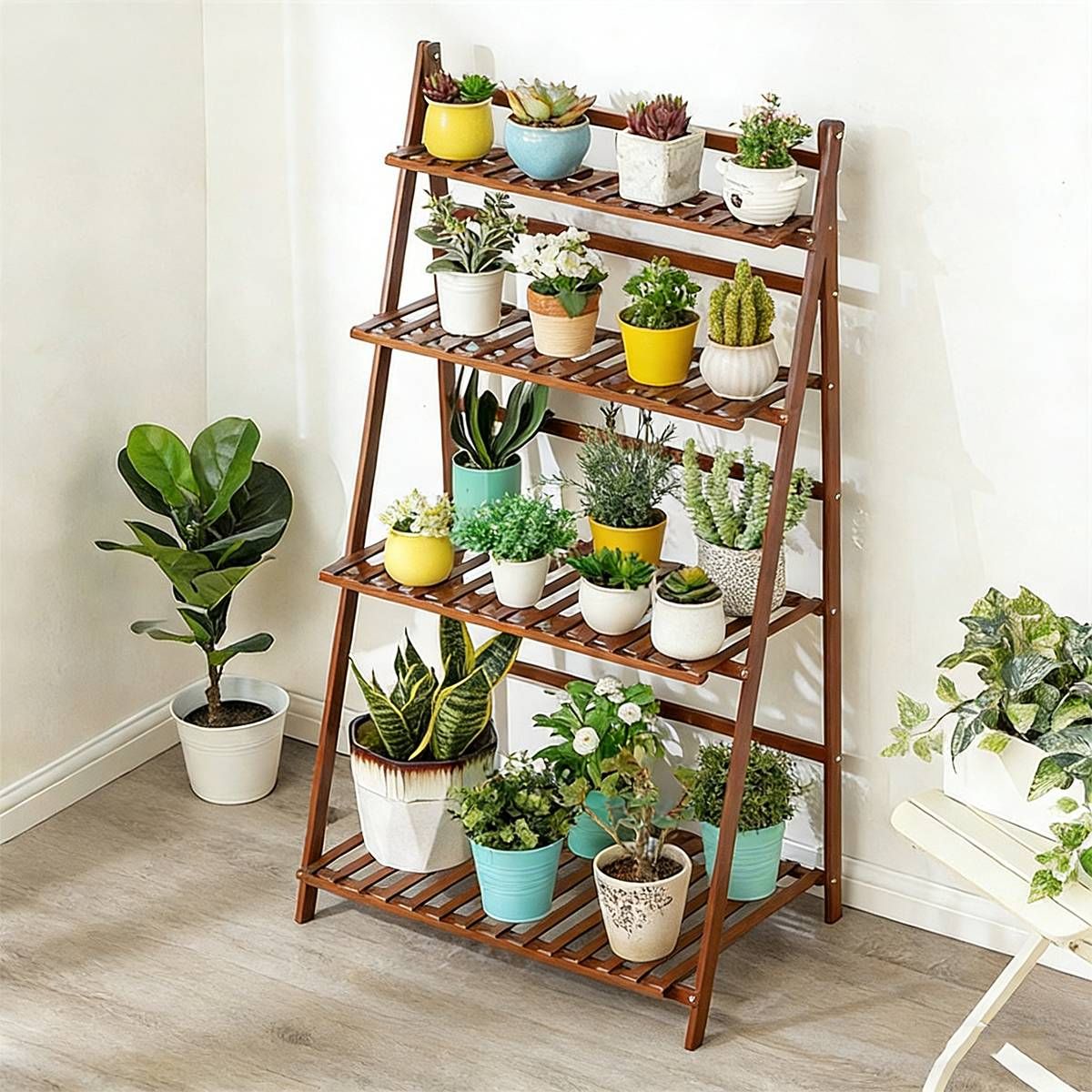 4-Tier Folding Plant Stand – Bamboo Corner Shelf for Indoor & Balcony