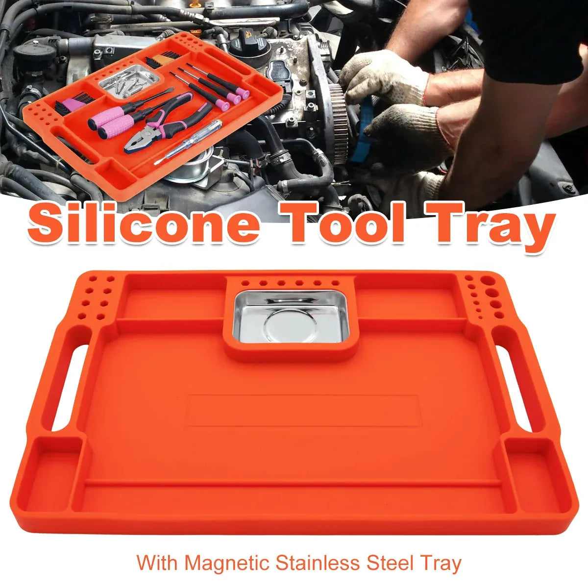 Silicone Tool Tray with Magnetic Stainless Steel Insert – Orange