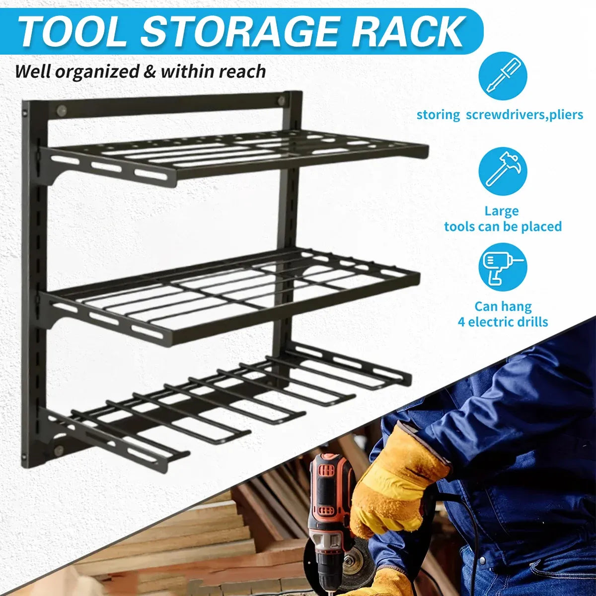 Wall Mounted 3-Tier Drill & Tool Rack – Carbon Steel