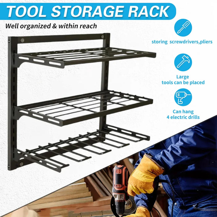 Wall Mounted 3-Tier Drill & Tool Rack – Carbon Steel