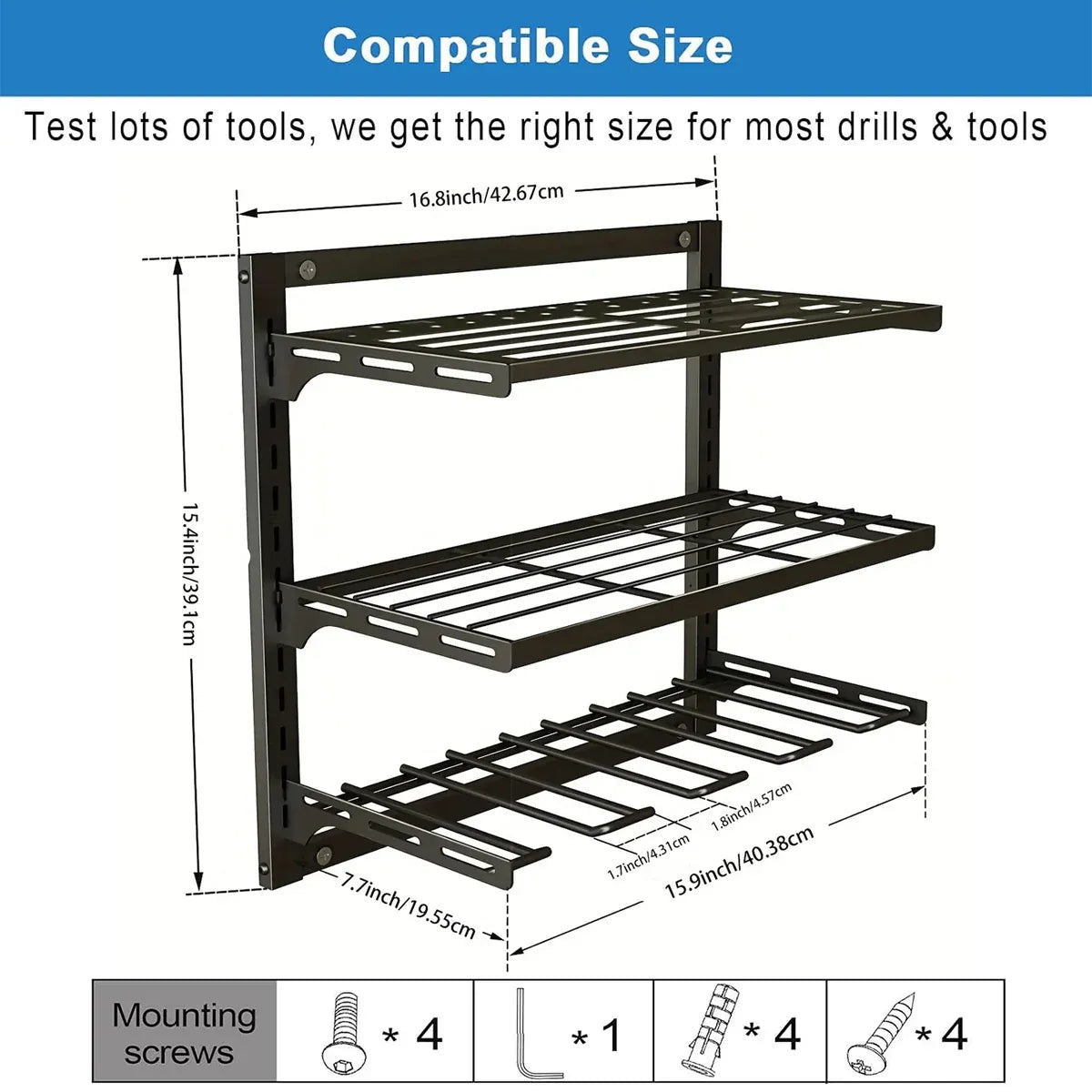 Wall Mounted 3-Tier Drill & Tool Rack – Carbon Steel