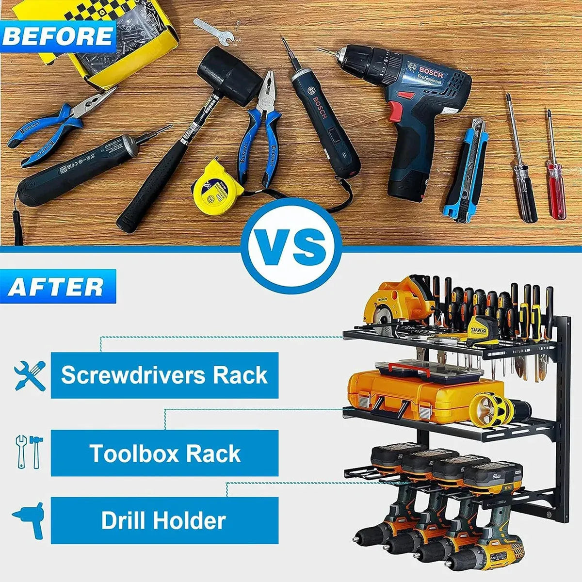 Wall Mounted 3-Tier Drill & Tool Rack – Carbon Steel