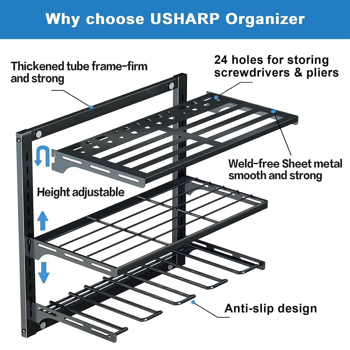 Wall Mounted 3-Tier Drill & Tool Rack – Carbon Steel