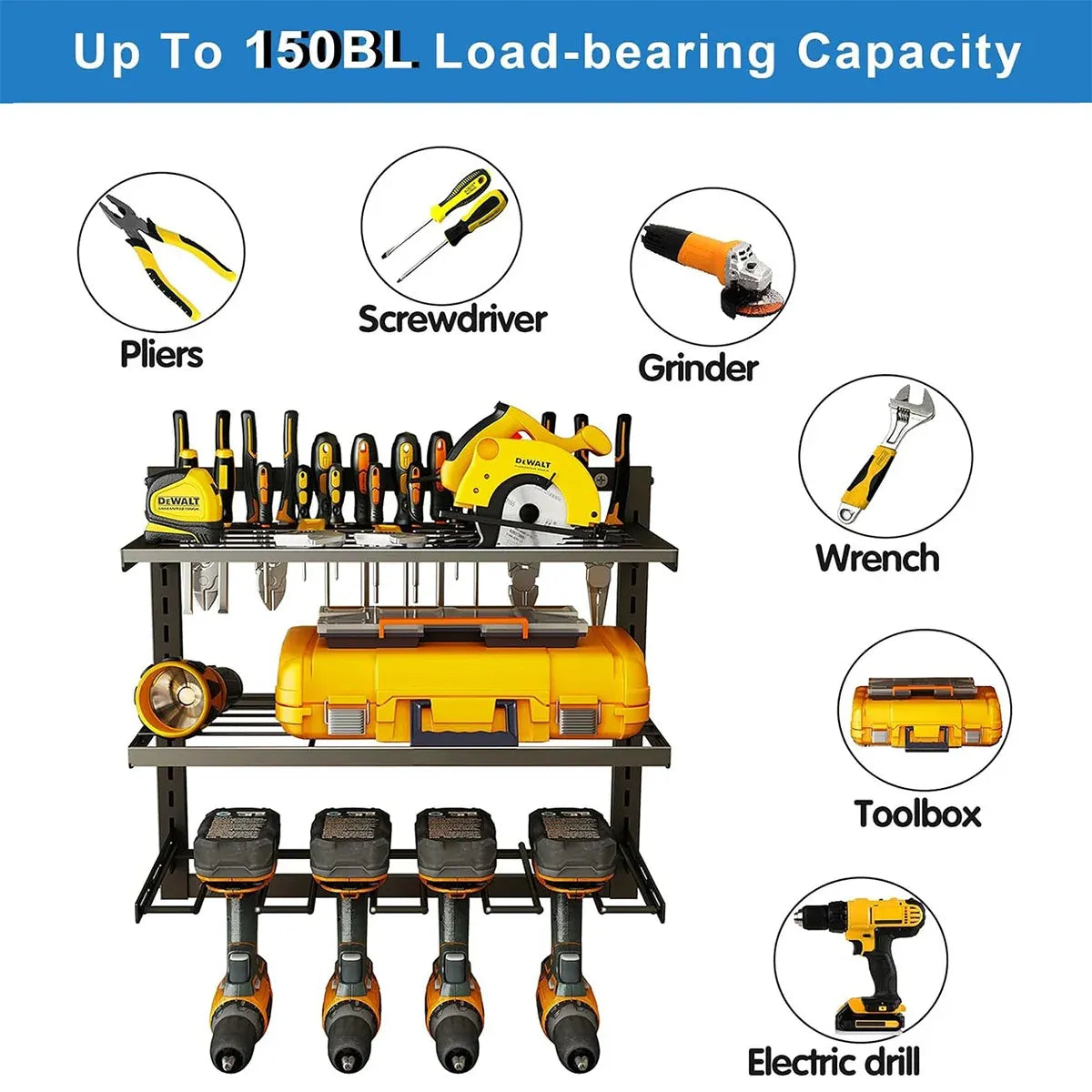 Wall Mounted 3-Tier Drill & Tool Rack – Carbon Steel