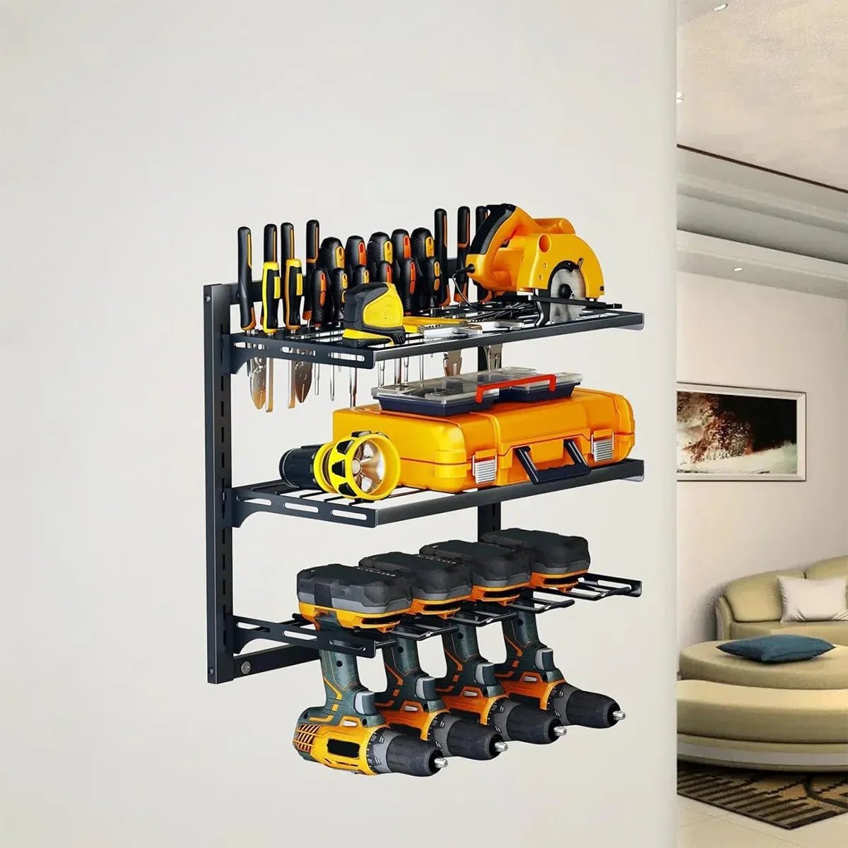 Wall Mounted 3-Tier Drill & Tool Rack – Carbon Steel
