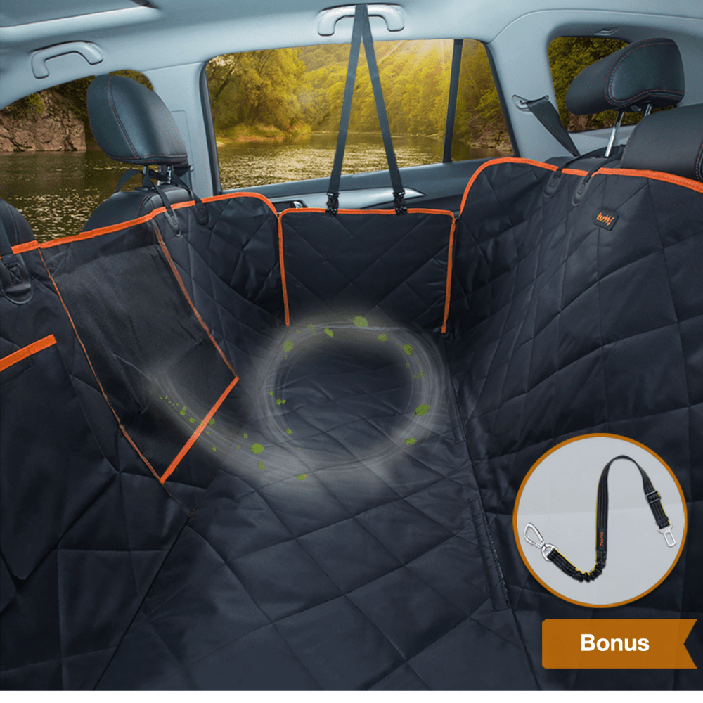 iBuddy Dog Car Seat Cover – Hammock Style, Mesh Window, Waterproof 600D Oxford | Free Seat Belt
