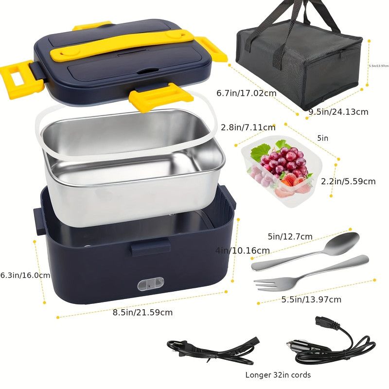 Electric Heated Lunch Box 1.8L – Plug-In Food Warmer with Insulated Bag | Stainless Steel | Dark Blue