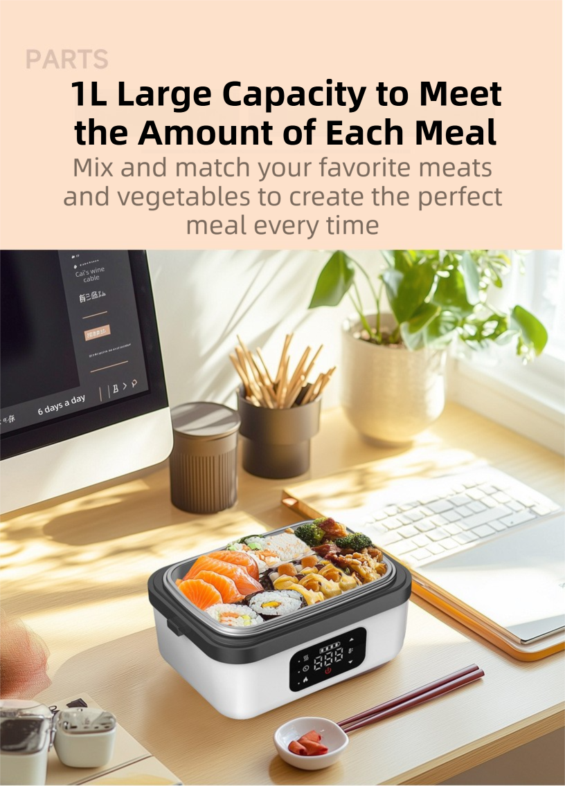 Cordless Heated Lunch Box 1L – Waterless USB Rechargeable Bento Box | 304 Stainless Steel | Black
