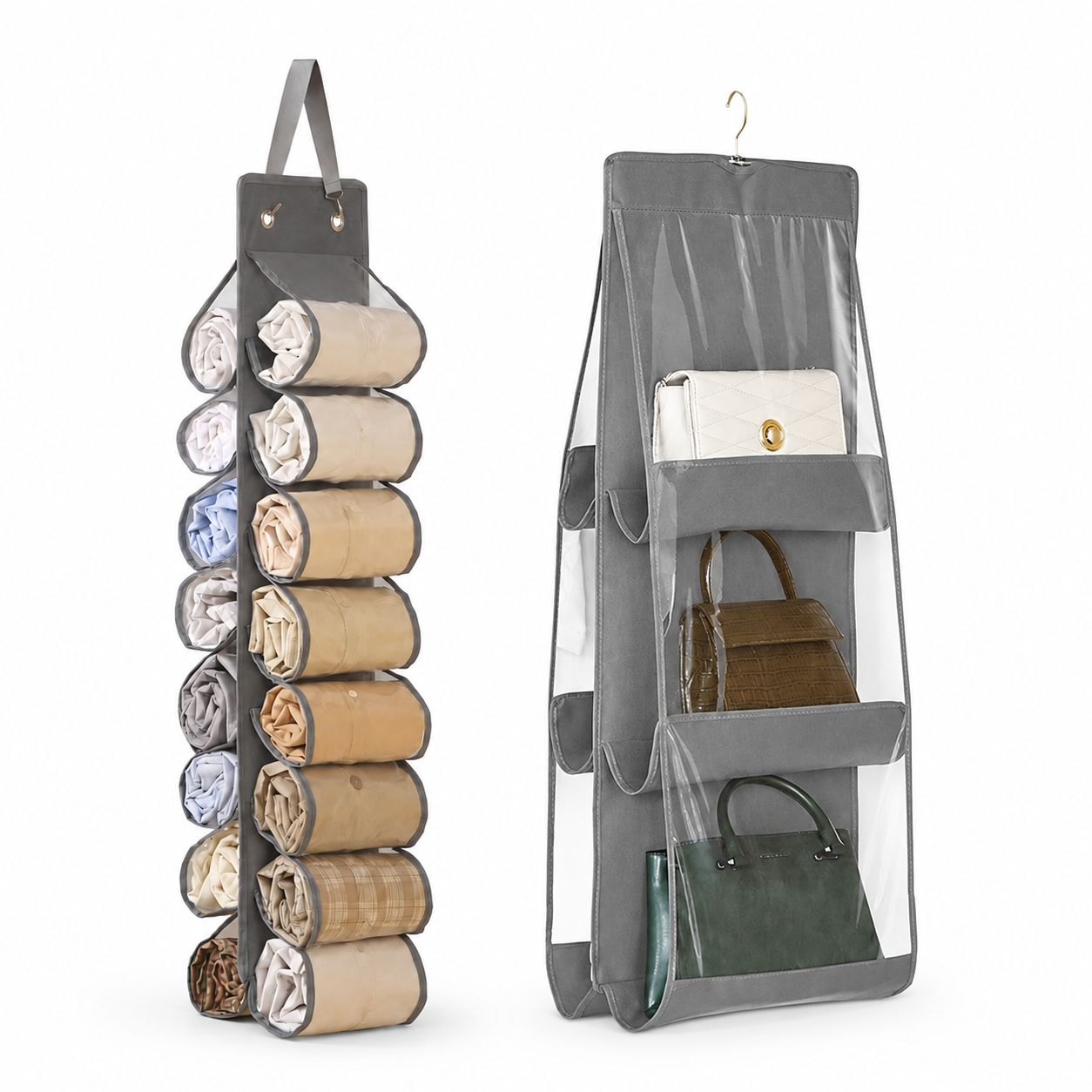 Home Organisation Set – 6-Pocket Handbag Organiser & 16-Slot Yoga Clothes Bag | Double-Sided | Grey