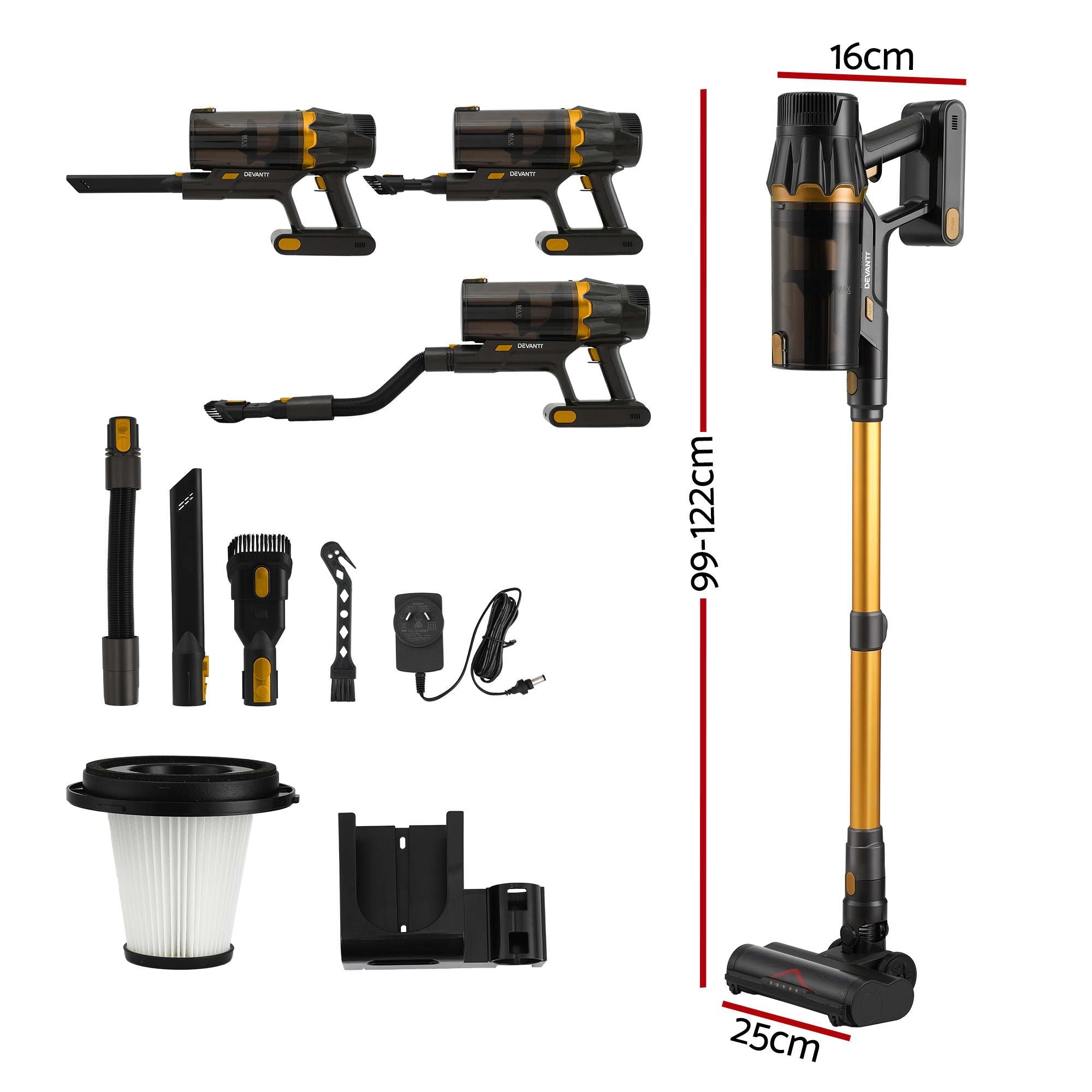 DEVANTI Cordless Stick Vacuum Cleaner 4-in-1 | 30,000Pa | Gold