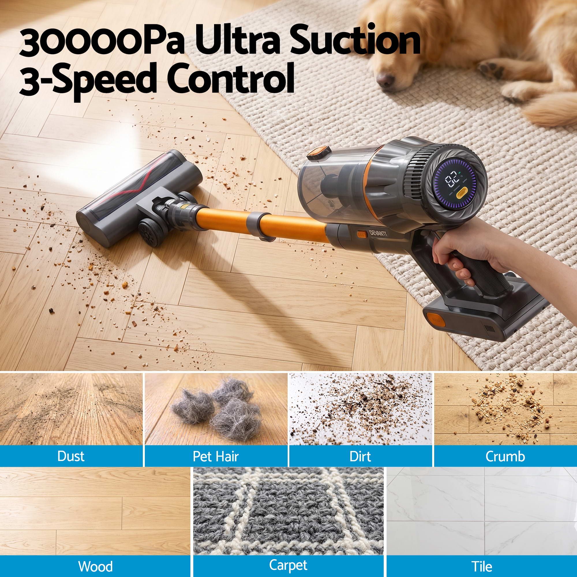 DEVANTI Cordless Stick Vacuum Cleaner 4-in-1 | 30,000Pa | Gold