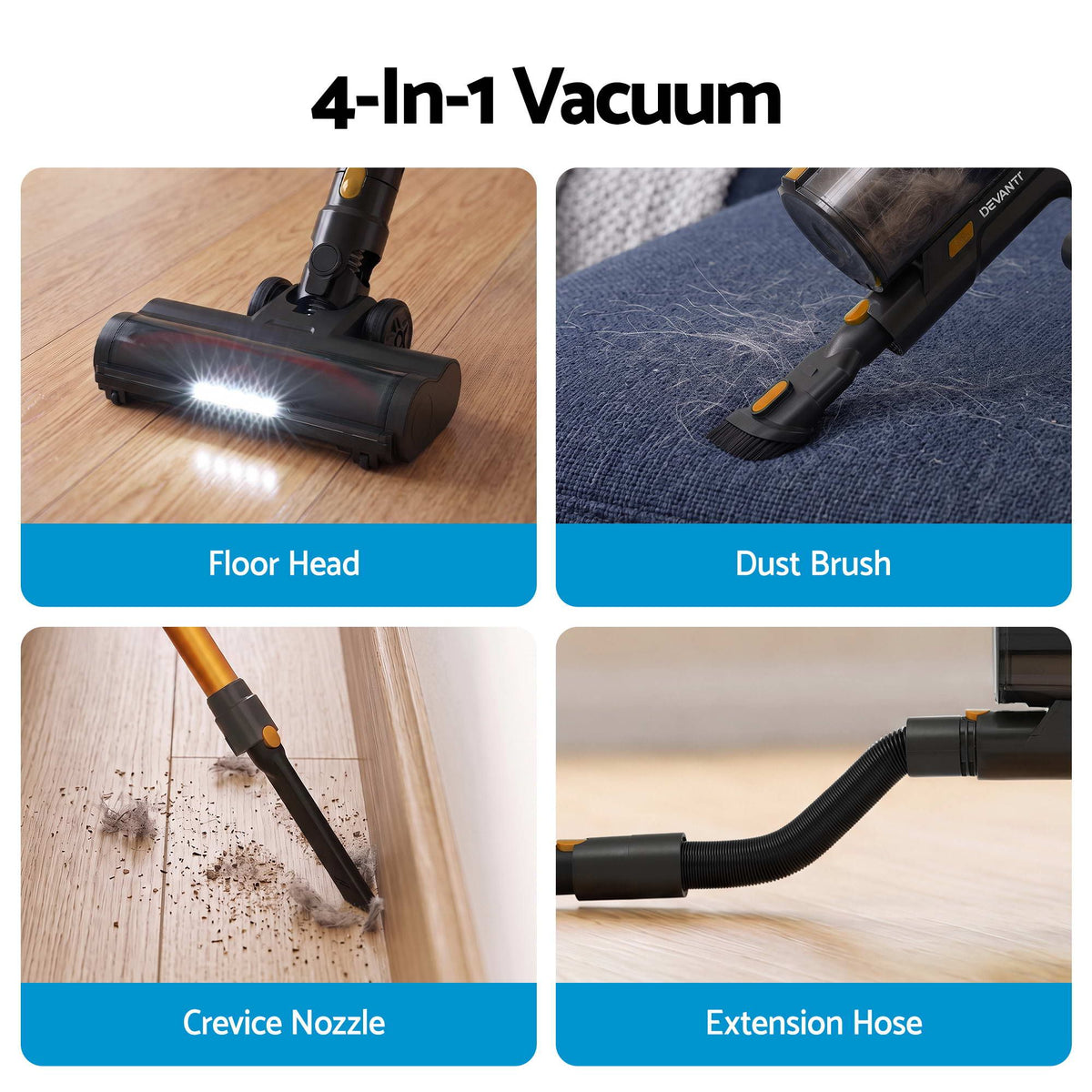 DEVANTI Cordless Stick Vacuum Cleaner 4-in-1 | 30,000Pa | Gold