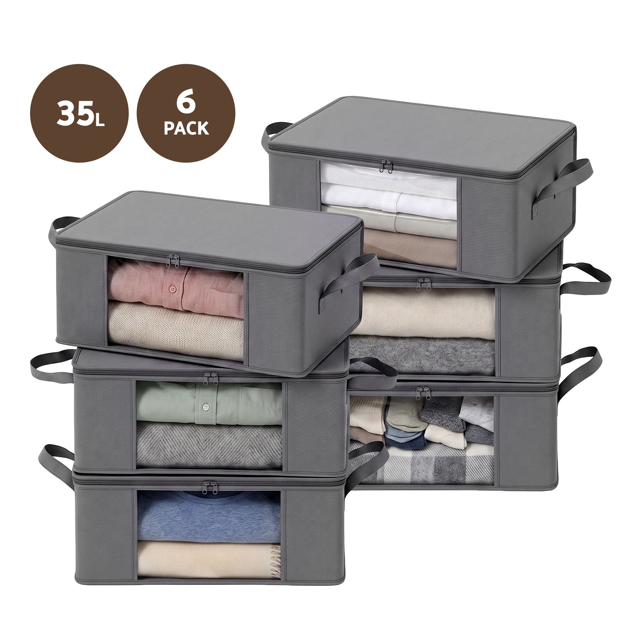 Artiss Clothes Storage Bags – 6 Pack, 35L, Foldable with Clear Window | Grey