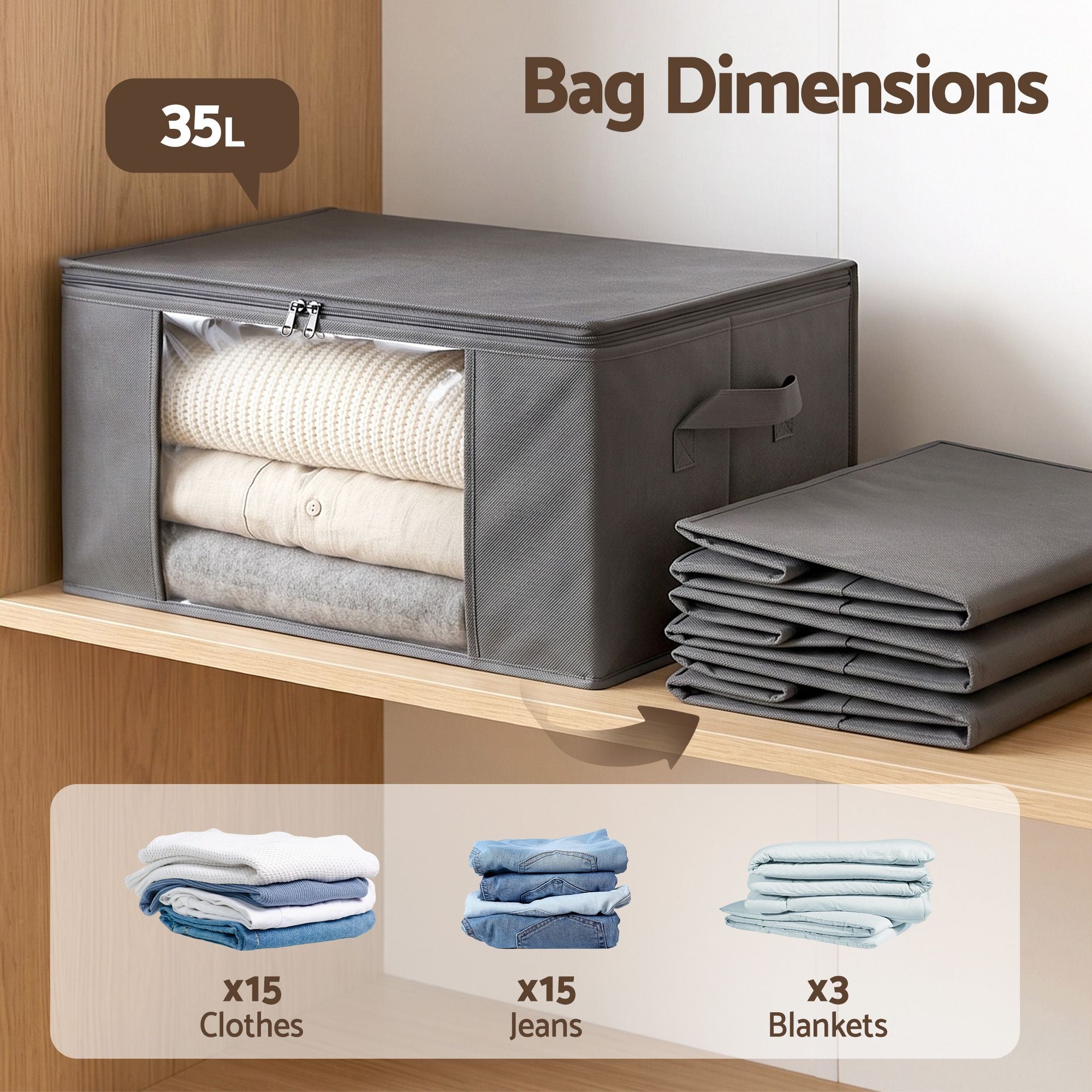 Artiss Clothes Storage Bags – 6 Pack, 35L, Foldable with Clear Window | Grey