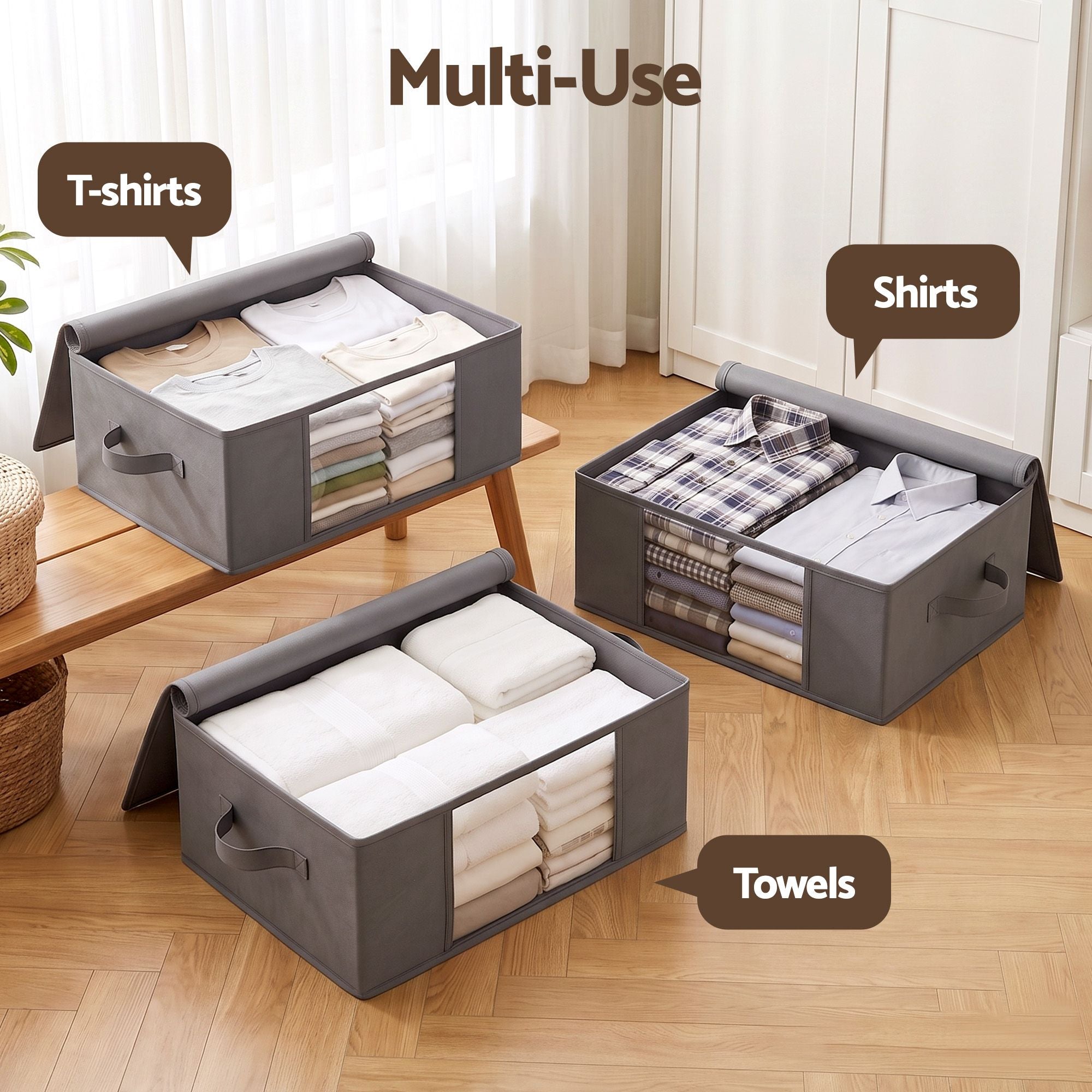 Artiss Clothes Storage Bags – 6 Pack, 35L, Foldable with Clear Window | Grey