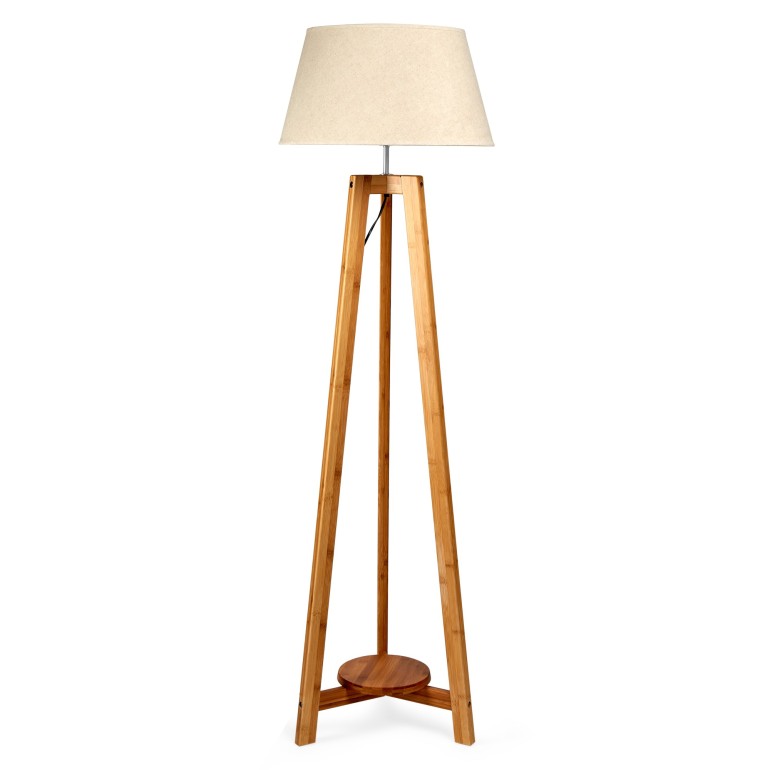Natural Bamboo Tripod Floor Lamp with Beige Shade & Bottom Shelf