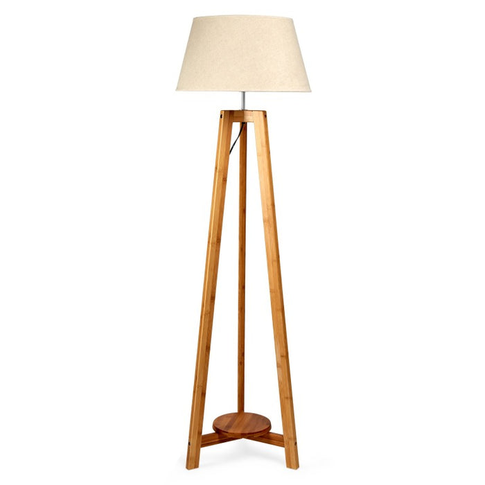 Natural Premium Bamboo Tripod Floor Lamp – Beige Linen Shade & Built-In Shelf | E27
