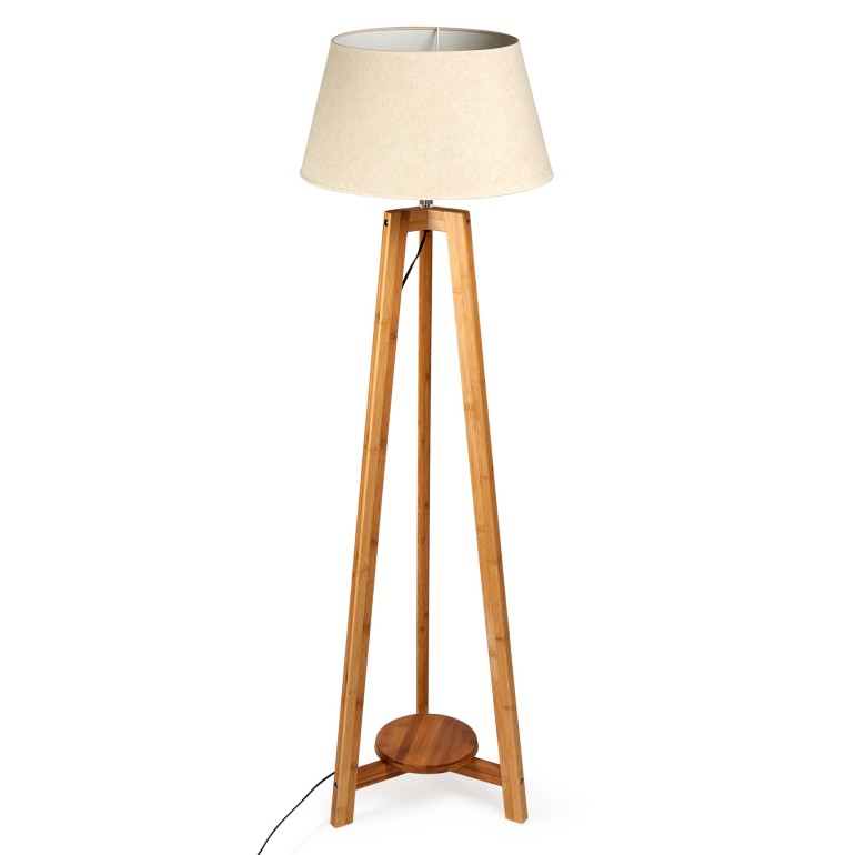 Natural Bamboo Tripod Floor Lamp with Beige Shade & Bottom Shelf – image 2
