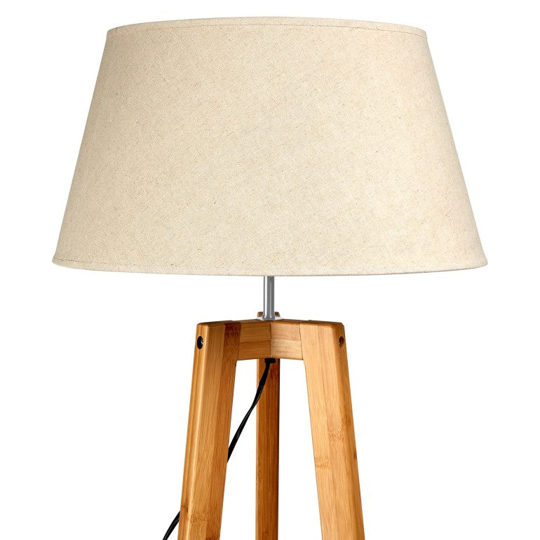 Natural Bamboo Tripod Floor Lamp with Beige Shade & Bottom Shelf – image 3